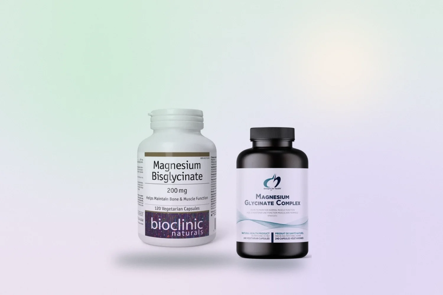 Two magnesium glycinate supplements on a soft green and lavender background